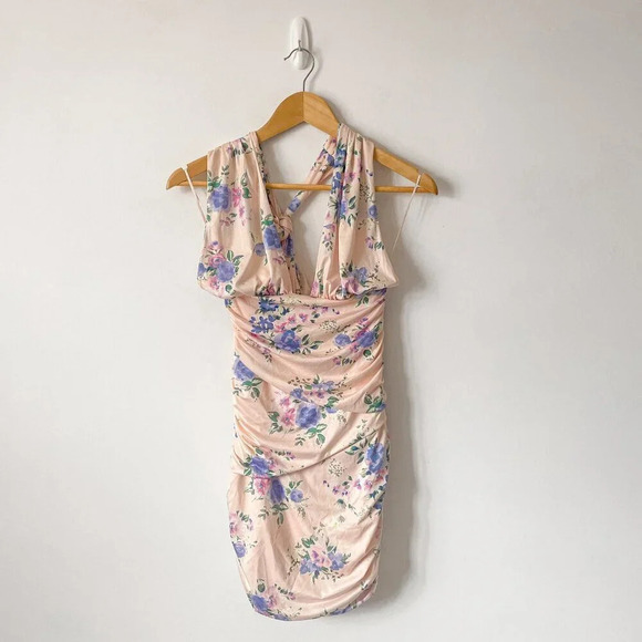 Zara Ruched Floral Halter Mini Dress Pink Purple NWOT Size Small - Picture 6 of 11